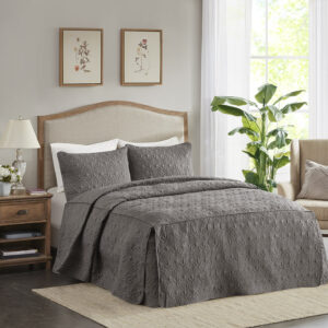 Quebec 3 Piece Split Corner Pleated Quilted Bedspread in Dark Grey From Madison Park