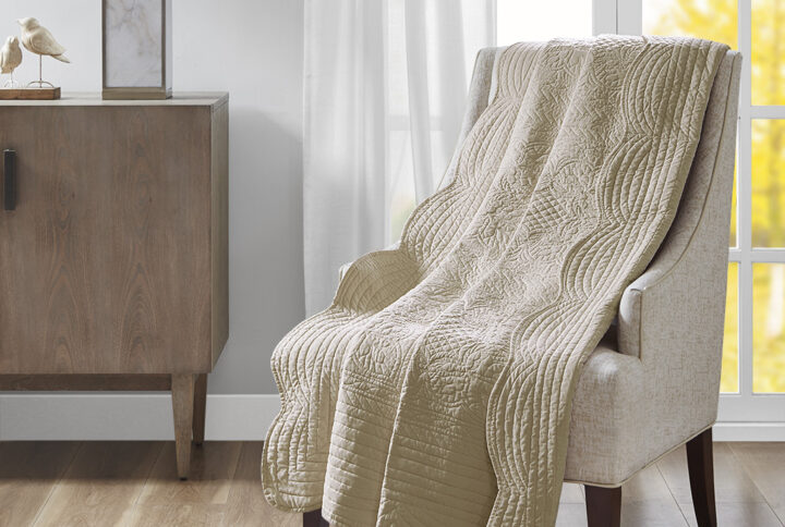 Tuscany Oversized Quilted Throw with Scalloped Edges in Khaki From Madison Park