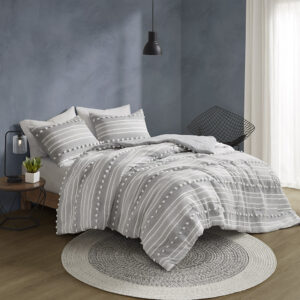 Rowan Striped Clipped Jacquard Duvet Cover Set in Grey From Urban Habitat