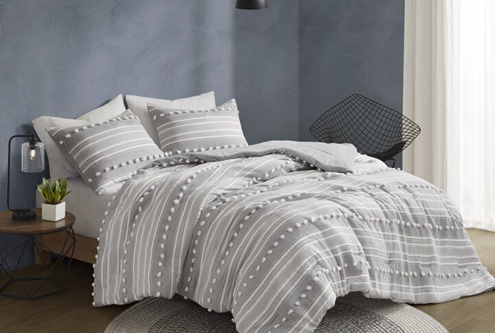 Rowan Striped Clipped Jacquard Duvet Cover Set in Grey From Urban Habitat