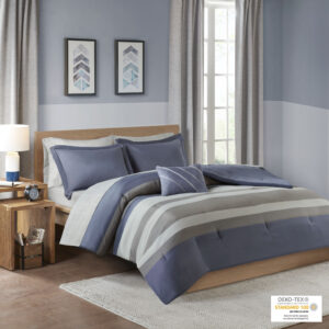 Marsden Striped Comforter Set with Bed Sheets in Blue/Grey From Intelligent Design