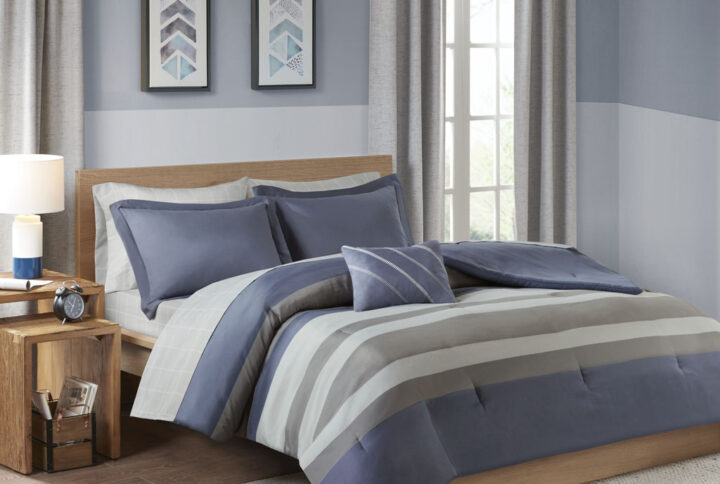 Marsden Striped Comforter Set with Bed Sheets in Blue/Grey From Intelligent Design