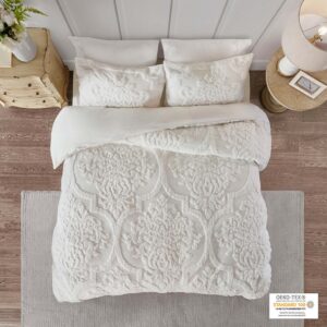 Viola 3 Piece Tufted Cotton Chenille Damask Duvet Cover Set in Off-White From Madison Park