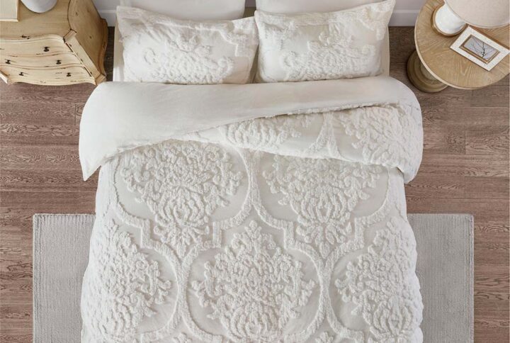 Viola 3 Piece Tufted Cotton Chenille Damask Duvet Cover Set in Off-White From Madison Park