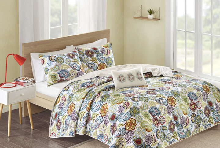 Tamil Reversible Paisley Quilt Set with Throw Pillow in Multi From Mi Zone