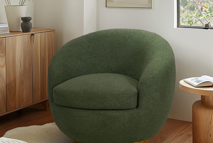 Jessel Shearling Sherpa Swivel Chair with Wood Base in Green From INK+IVY