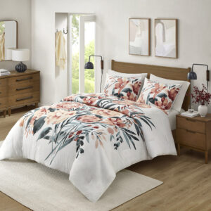 Dahlia 3 Piece Floral Cotton Comforter Set in Peach/Off-White From Madison Park