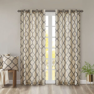 Saratoga Fretwork Print Grommet Top Window Curtain Panel in Khaki/Black From Madison Park