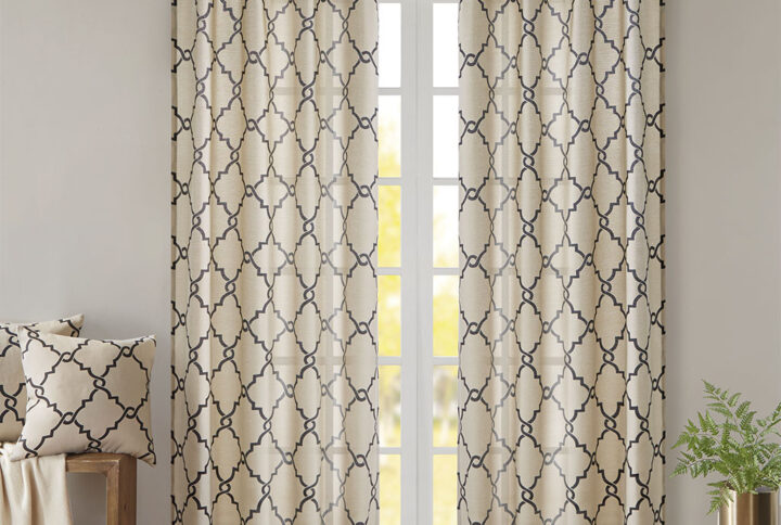 Saratoga Fretwork Print Grommet Top Window Curtain Panel in Khaki/Black From Madison Park