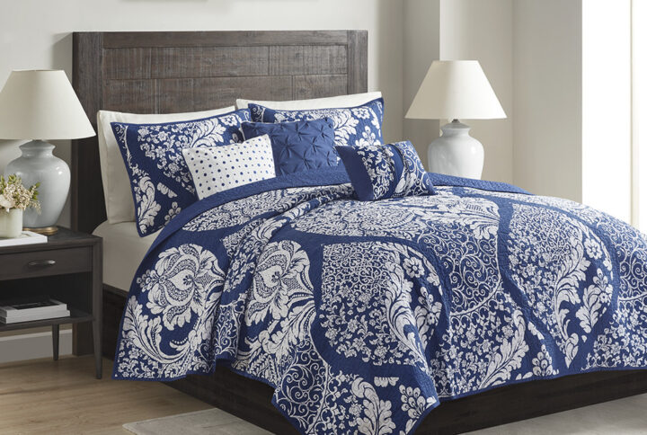 Vienna 6 Piece Printed Cotton Quilt Set with Throw Pillows in Indigo From Madison Park