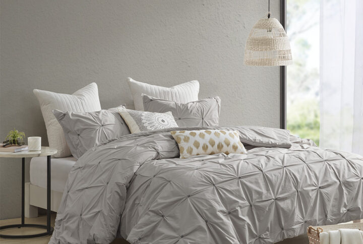 Masie 3 Piece Elastic Embroidered Cotton Comforter Set in Gray From INK+IVY