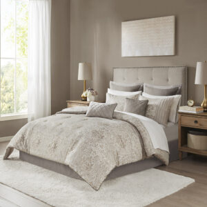 Emilia 12 Piece Jacquard Comforter Set with Bed Sheets in Khaki From Madison Park