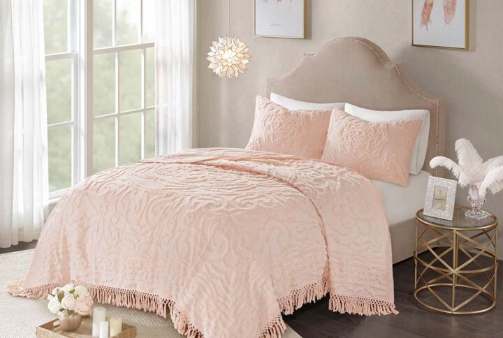 Laetitia Tufted Cotton Chenille Medallion Fringe Coverlet Mini Set in Blush From Madison Park