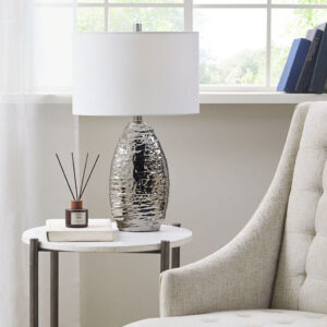 Livy Oval Textured Ceramic Table Lamp in Silver Base/White Shade From Hampton Hill