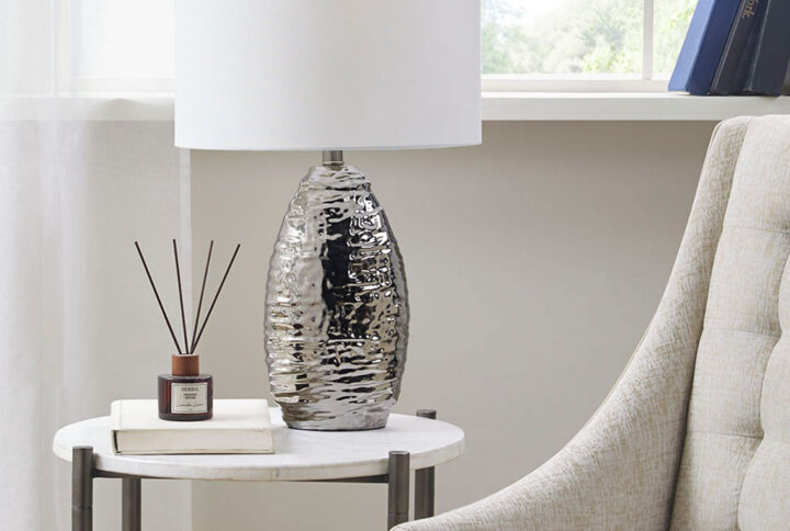 Livy Oval Textured Ceramic Table Lamp in Silver Base/White Shade From Hampton Hill