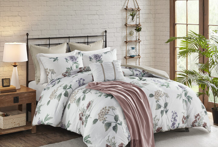 Zennia 7 Piece Printed Seersucker Comforter Set with Throw Blanket in Taupe/Blush From Madison Park