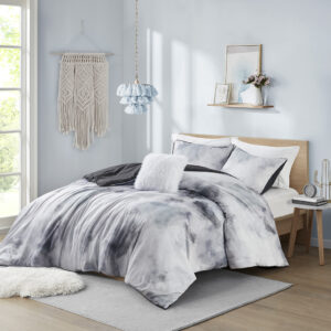 Cassiopeia Watercolor Tie Dye Printed Duvet Cover Set with Throw Pillow in Charcoal From Intelligent Design