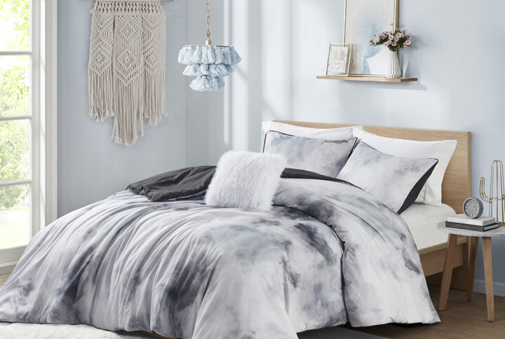 Cassiopeia Watercolor Tie Dye Printed Duvet Cover Set with Throw Pillow in Charcoal From Intelligent Design