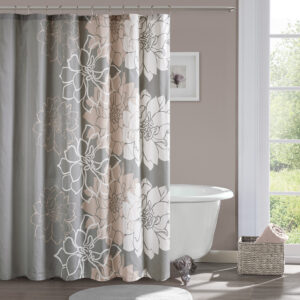 Lola 100% Cotton  Floral Printed Shower Curtain in Grey/Peach From Madison Park