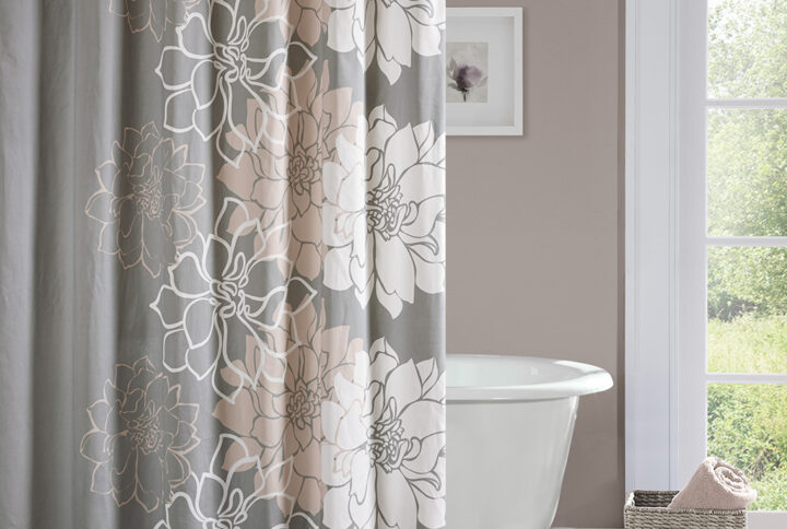 Lola 100% Cotton  Floral Printed Shower Curtain in Grey/Peach From Madison Park