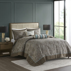 Aubrey 5 Piece Jacquard Bedspread Set with Throw Pillows in Blue/Brown From Madison Park