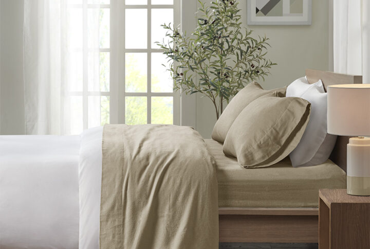 Cozy Flannel Printed Sheet Set in Tan Solid From True North by Sleep Philosophy