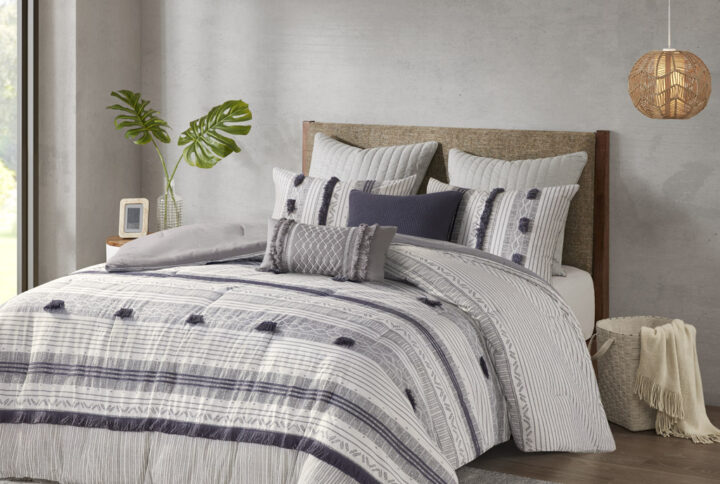 Cody 3 Piece Cotton Comforter Set in Gray/Navy From INK+IVY