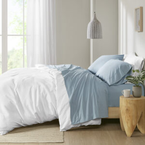 Peached Percale 200 Thread Count Relaxed Cotton Percale Sheet Set in Teal From Madison Park