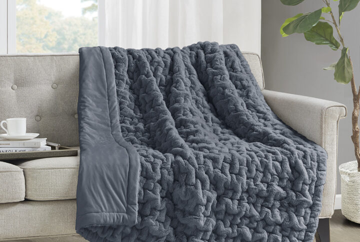 Ruched Fur Throw in Slate Blue From Madison Park