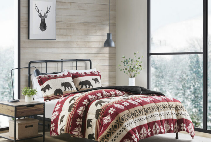 Tunbridge Print Sherpa Comforter Set in Red/Black From Woolrich