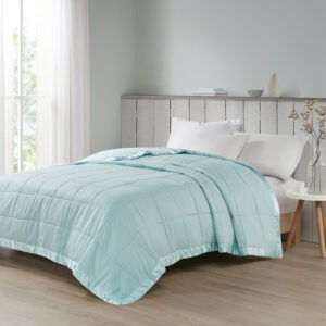 Cambria Oversized Down Alternative Blanket with Satin Trim in Aqua From Madison Park