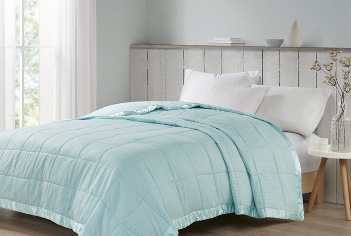 Cambria Oversized Down Alternative Blanket with Satin Trim in Aqua From Madison Park