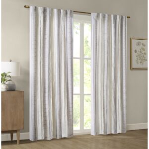 Samara Poly Printed Curtain Panel with Tufted Stripe and Lining in White/Brown From Madison Park