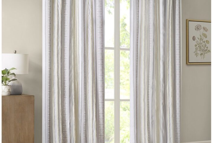 Samara Poly Printed Curtain Panel with Tufted Stripe and Lining in White/Brown From Madison Park