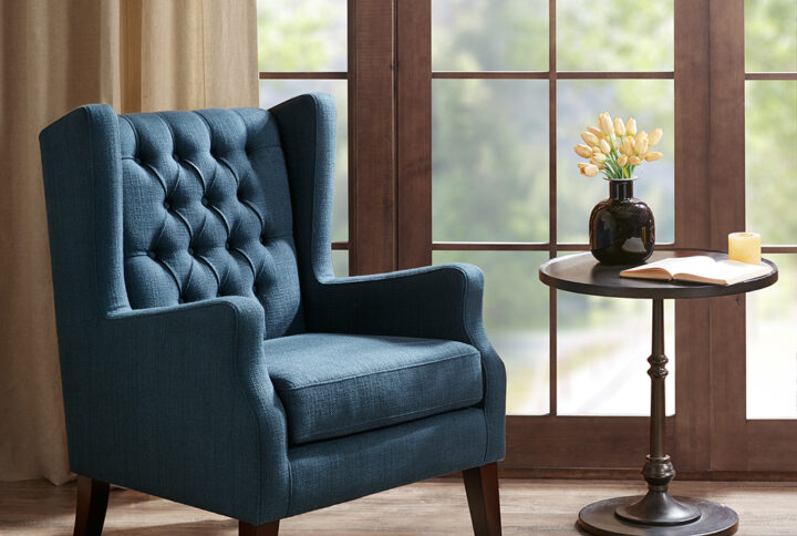 Maxwell Button Tufted Wing Chair in Navy From Madison Park