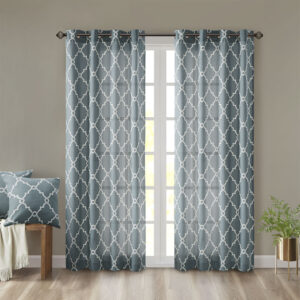 Saratoga Fretwork Print Grommet Top Window Curtain Panel in Blue/White From Madison Park