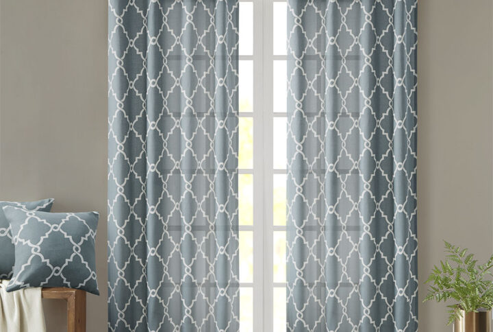 Saratoga Fretwork Print Grommet Top Window Curtain Panel in Blue/White From Madison Park