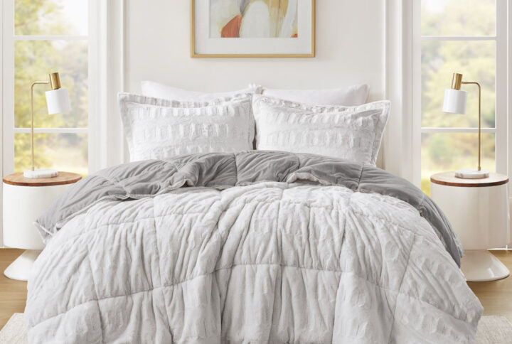 Gia Back Print Long Fur Comforter Mini Set in Gray/White From Madison Park