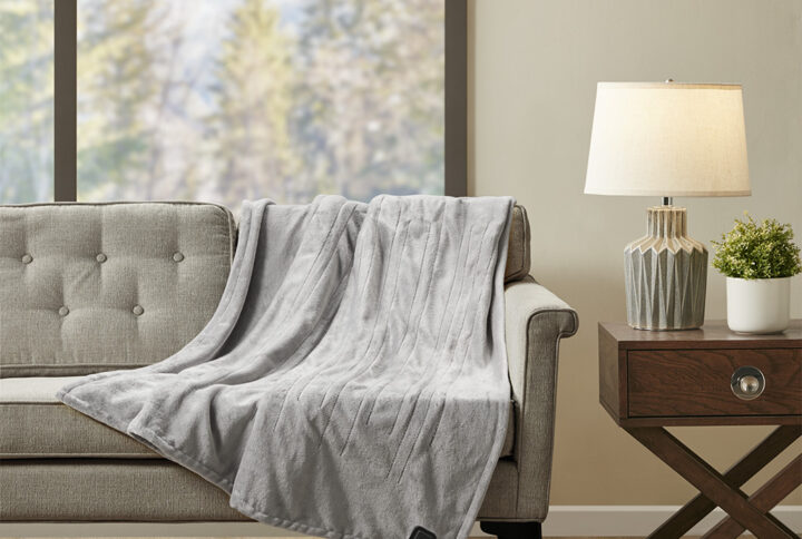 Plush Heated Throw with Built-In Control in Grey From True North by Sleep Philosophy