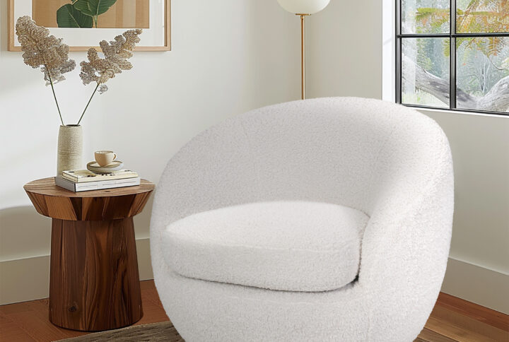 Jessel Shearling Sherpa Swivel Chair with Wood Base in Cream From INK+IVY