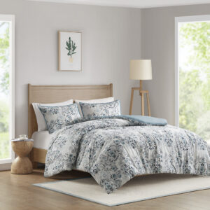 Brielle 3 Piece Floral Printed Cotton Comforter Set in Blue From Madison Park