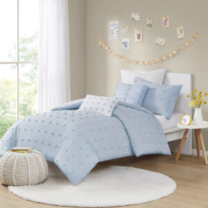 Brooklyn Cotton Jacquard Duvet Cover Set with Euro Shams and Throw Pillows in Blue From Urban Habitat