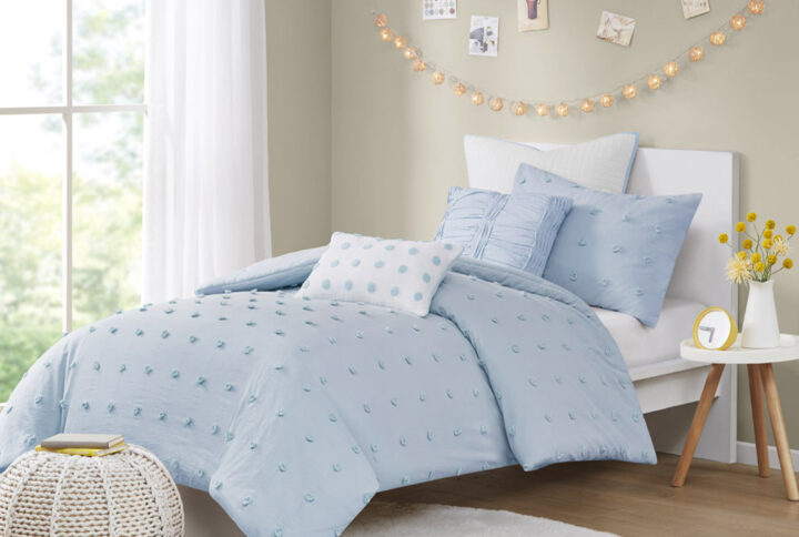 Brooklyn Cotton Jacquard Duvet Cover Set with Euro Shams and Throw Pillows in Blue From Urban Habitat