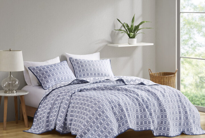 Harlow 3 Piece Reversible Matelasse Coverlet Set in Indigo From Madison Park