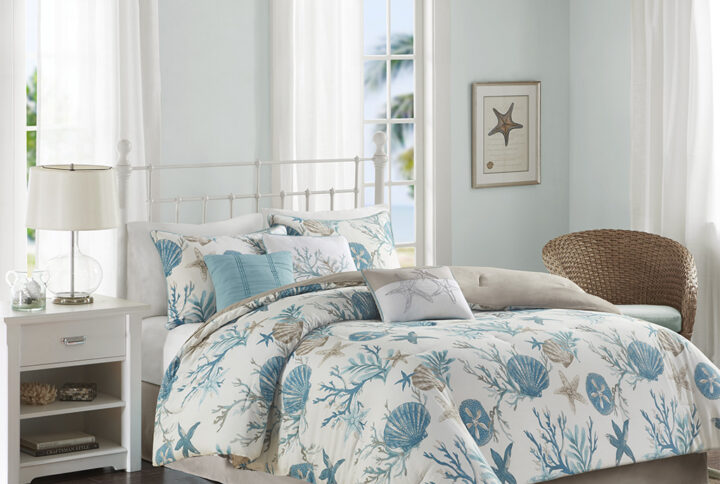 Pebble Beach 7 Piece Cotton Sateen Comforter Set in Aqua From Madison Park