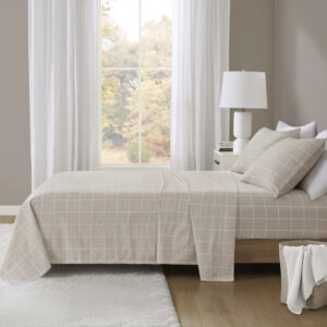 Oversized Flannel 4 Piece Sheet Set in Beige Windowpane From Beautyrest