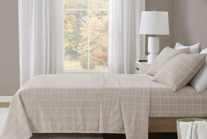 Oversized Flannel 4 Piece Sheet Set in Beige Windowpane From Beautyrest