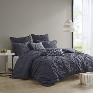 Masie 3 Piece Elastic Embroidered Cotton Duvet Cover Set in Navy From INK+IVY