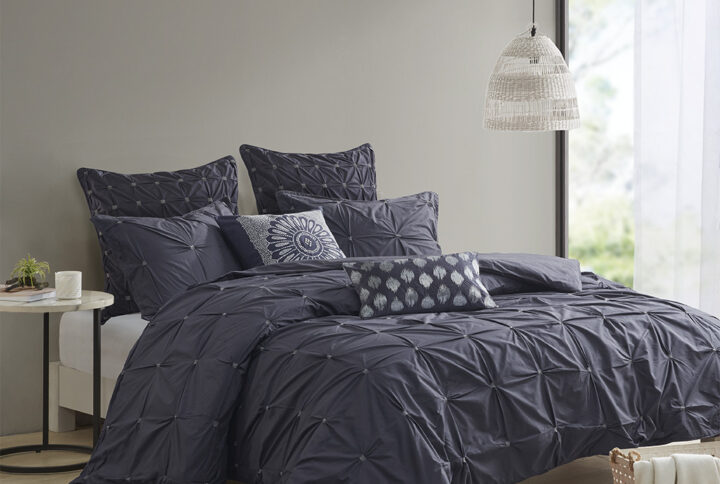 Masie 3 Piece Elastic Embroidered Cotton Duvet Cover Set in Navy From INK+IVY