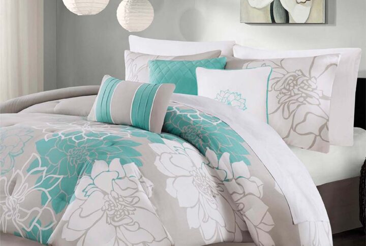 Lola Printed Cotton Sateen Comforter Set in Aqua From Madison Park